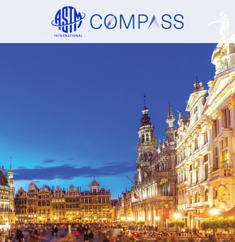 ASTM Compass cover ASTM Compass cover picture, with the logo above on a white background. The picture depicts the city of Brussels at sundown.