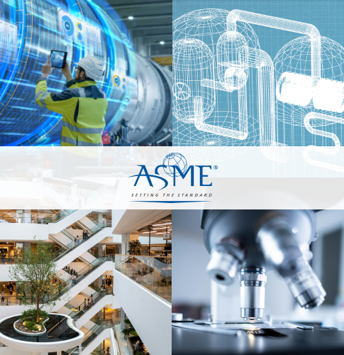 ASME cov ASME's cover picture includes 4 images: top left corner is a boiler, top right is a nuclear plant plan, bottom left are elevators and bottom right is a microscope. In the center is the ASME logo